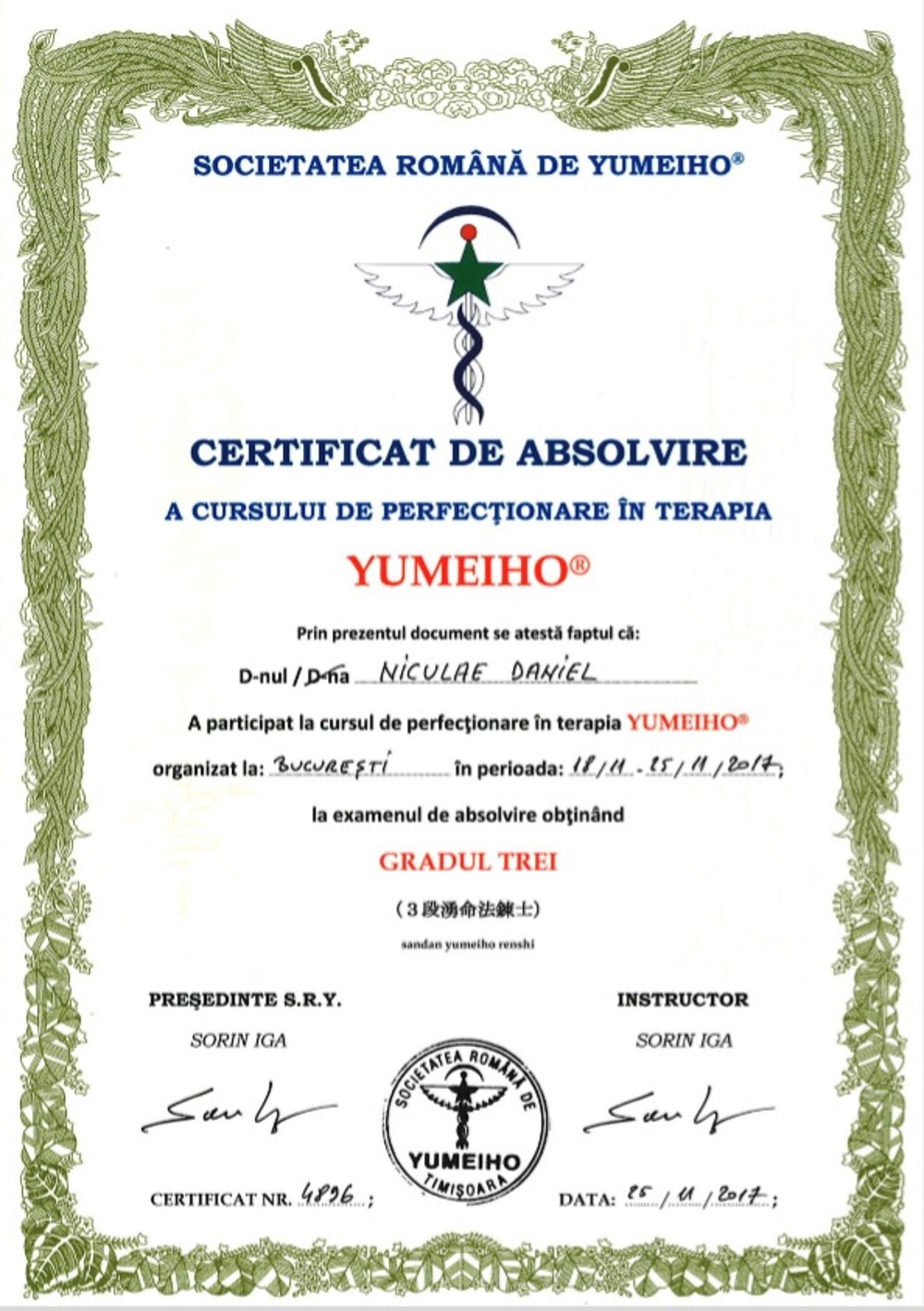 Certificat de absolvire Yumeiho gradul trei pe numele Niculae Daniel, emis de Societatea Română de Yumeiho